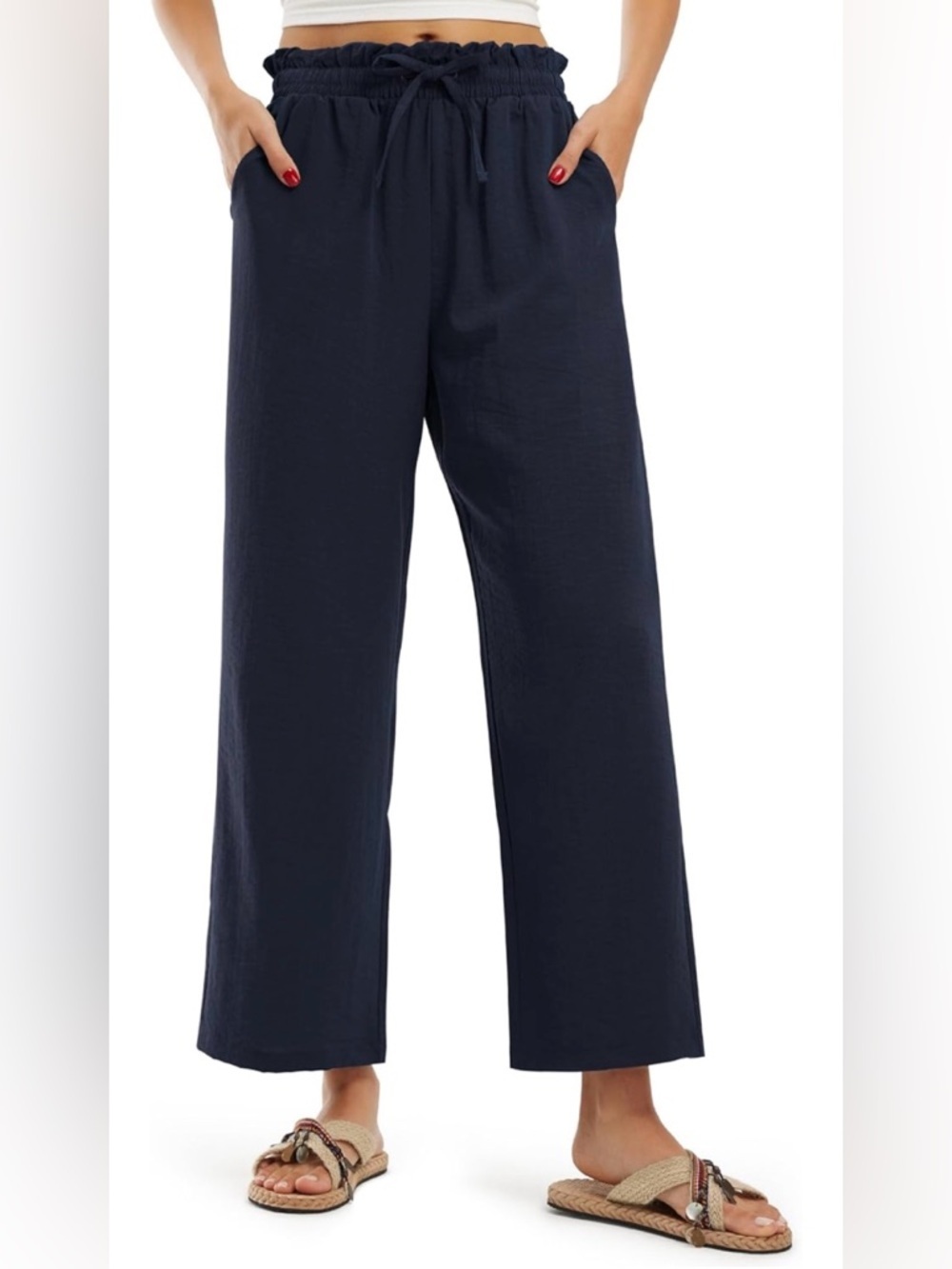 Libin Women's Navy High-Waist Wide-Leg Palazzo Drawstring Pants Size Large